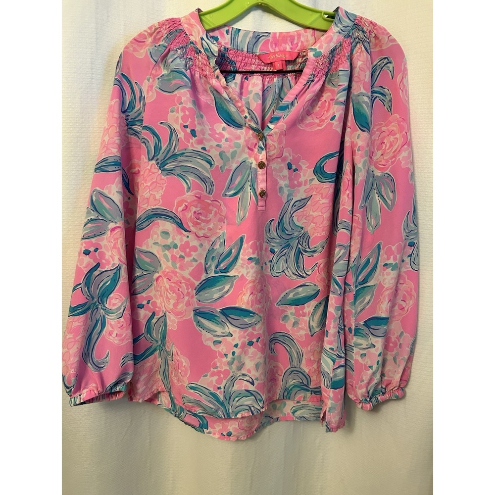 Lilly Pulitzer Elsa Blouse Top Womens S Pink Floral Silk Split Neck Long Sleeve